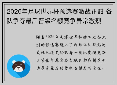 2026年足球世界杯预选赛激战正酣 各队争夺最后晋级名额竞争异常激烈
